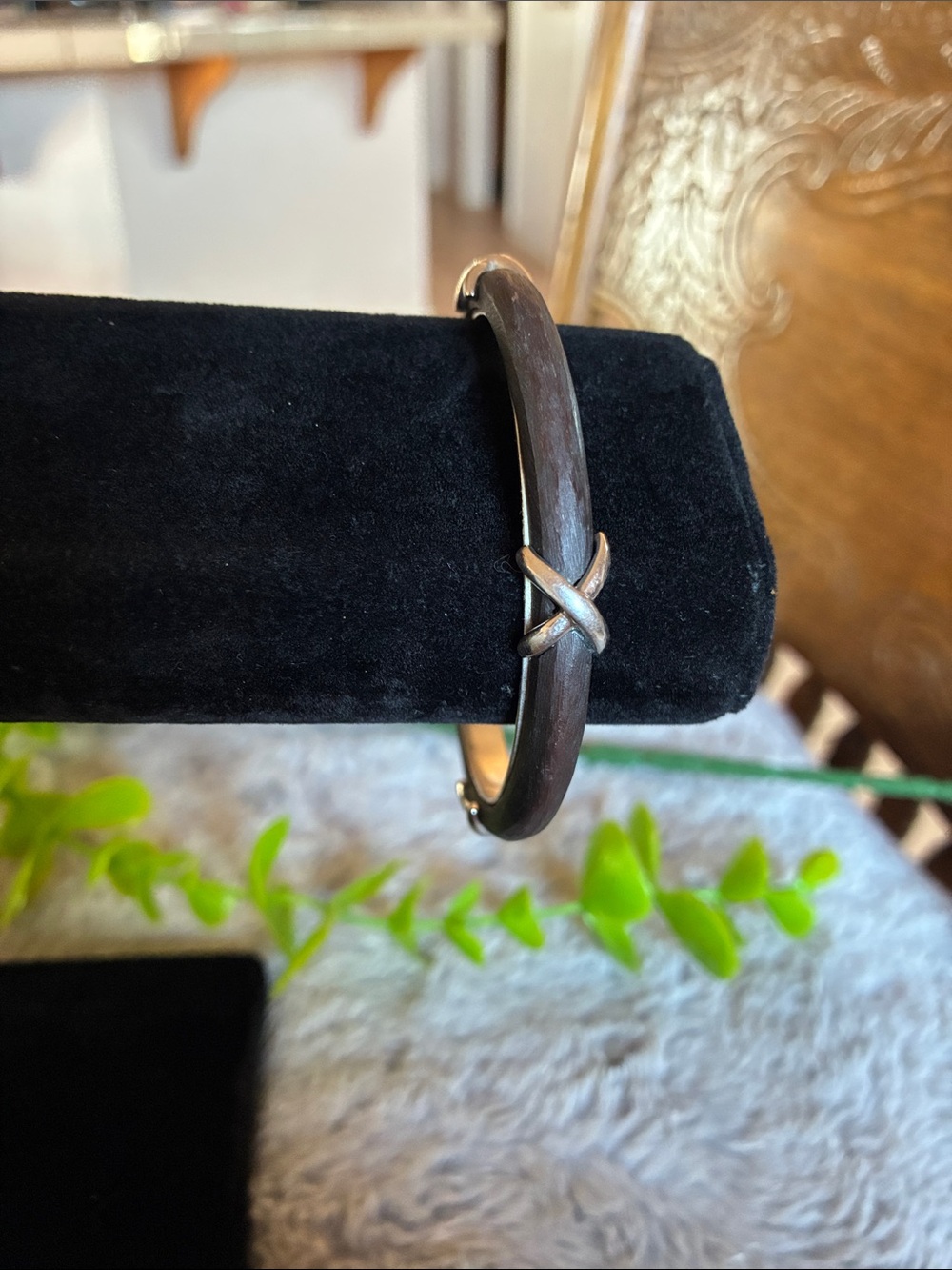 Wood and Silver X-Accent Bangle Bracelet - Women's Accessory